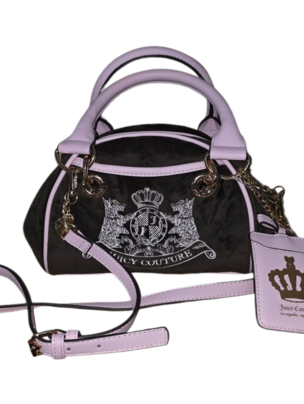 Juicy Couture Scottie Mini Satchel Purse Bag Pink-Trim Brown Velvet Body